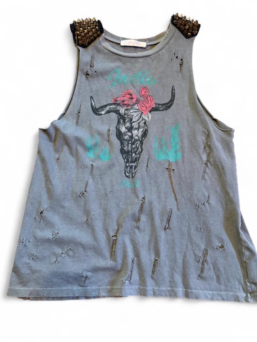 Distressed Graphic Tank Top with Stud Shoulders - Gray with Pink Accent